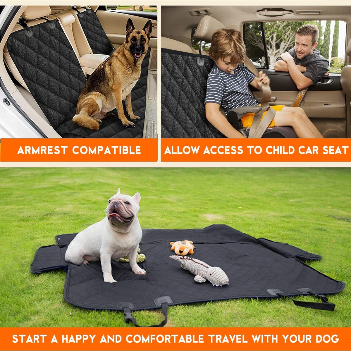 Premium Waterproof Dog Car Seat Cover - Non-Slip Back Seat Protector for Cars, SUVs, and Trucks - Fits Middle Armrest - Black